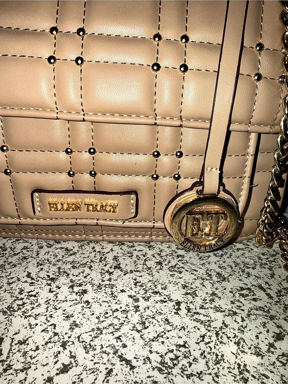 Ellen Tracy Studded Top Flap Satchel Quilted Shoulder Bag Tan NWT